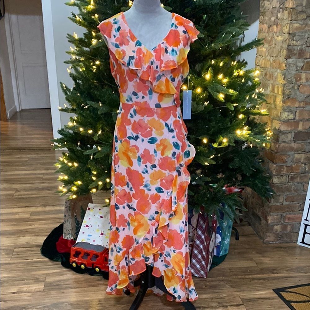 EUC London Times Floral Asymmetrical Ruffle Dress in Coral, Yellow & Teal